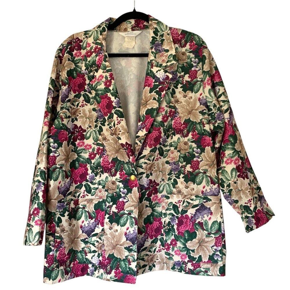 Vintage Blair Boutique Floral Blazer Women L Purple Rose Garden Lightweight USA